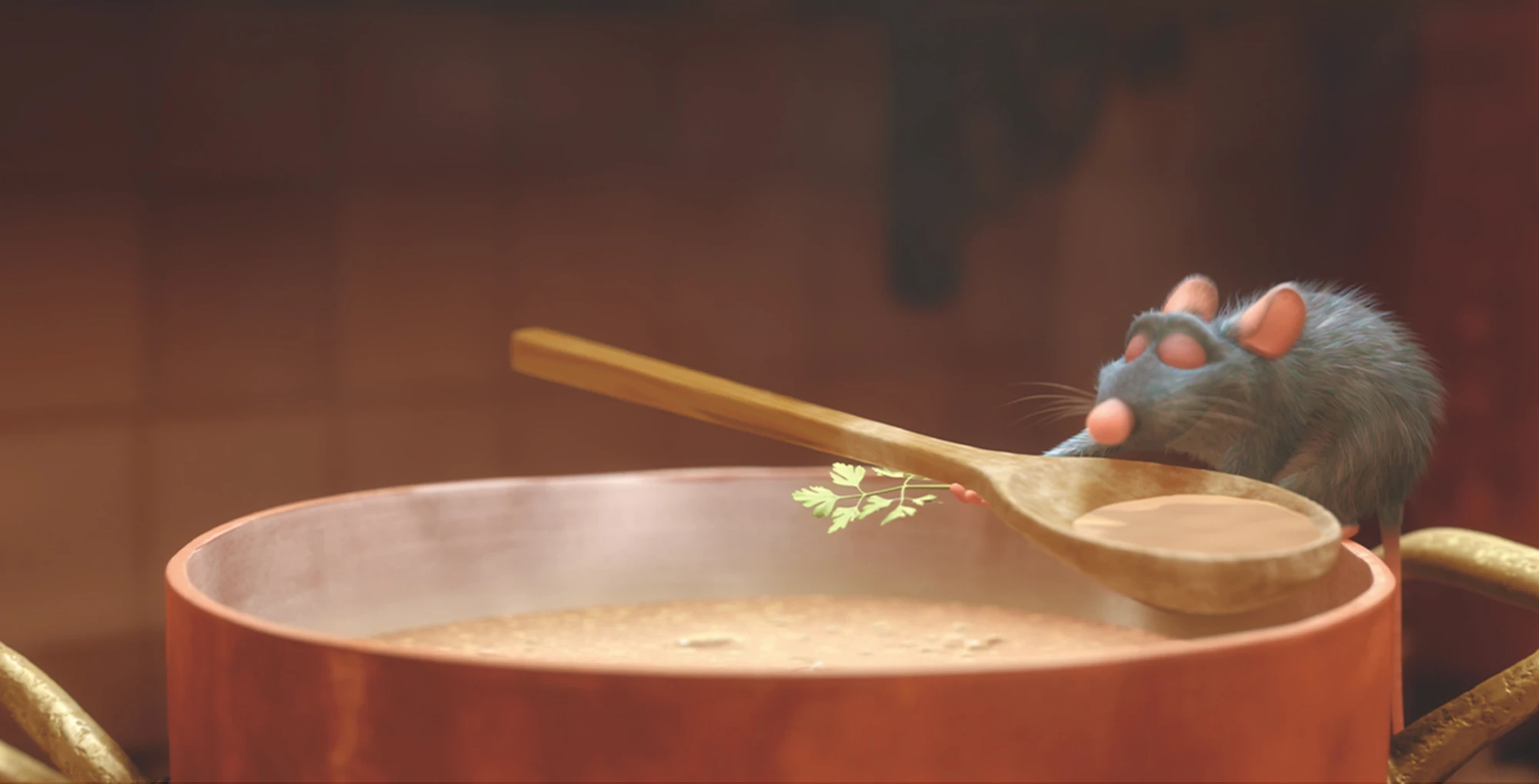 Remy, the rat chef from Ratatouille, tasting soup from a wooden spoon over a copper pot